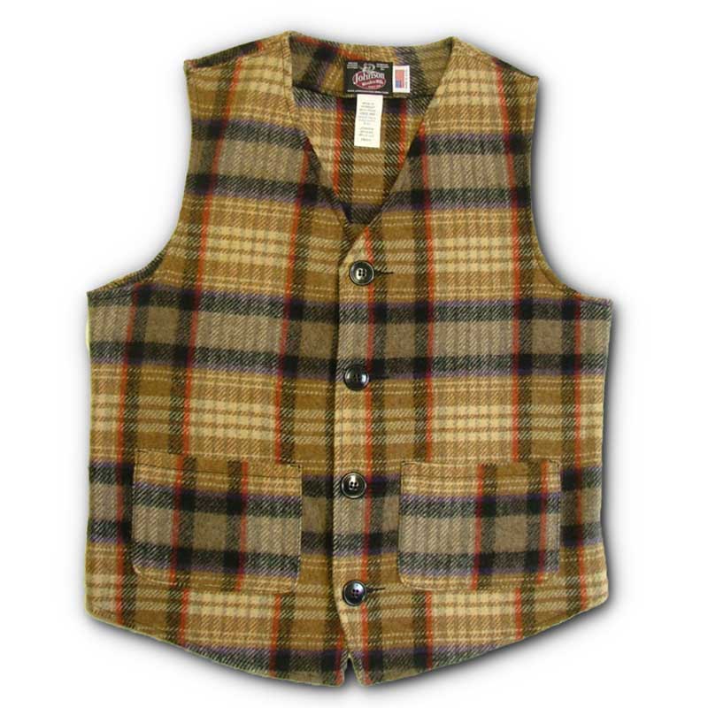 Vest Traditional Four Button, gold/black/red plaid, with two front pockets, front view