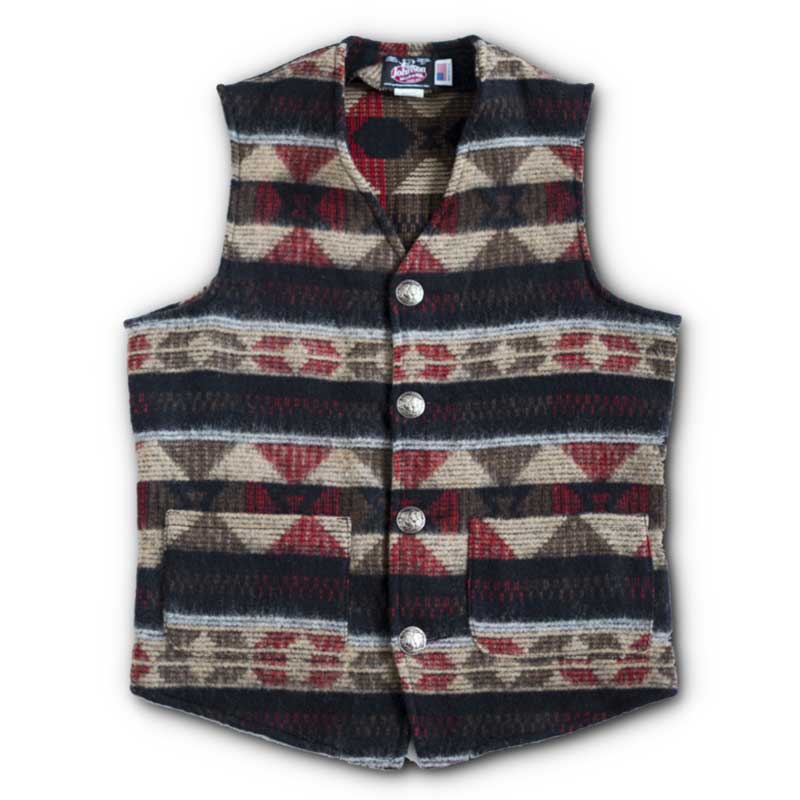Vest with four brushed nickel buffalo buttons, Hearthstone, black/red/tan print, two lower pockets, buttoned front view