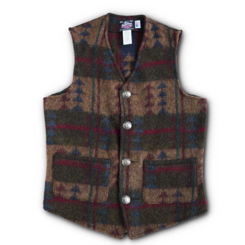 Vest with four brushed nickel buffalo buttons, Lodge, ginger/maroon/sage print, two lower pockets, buttoned front view