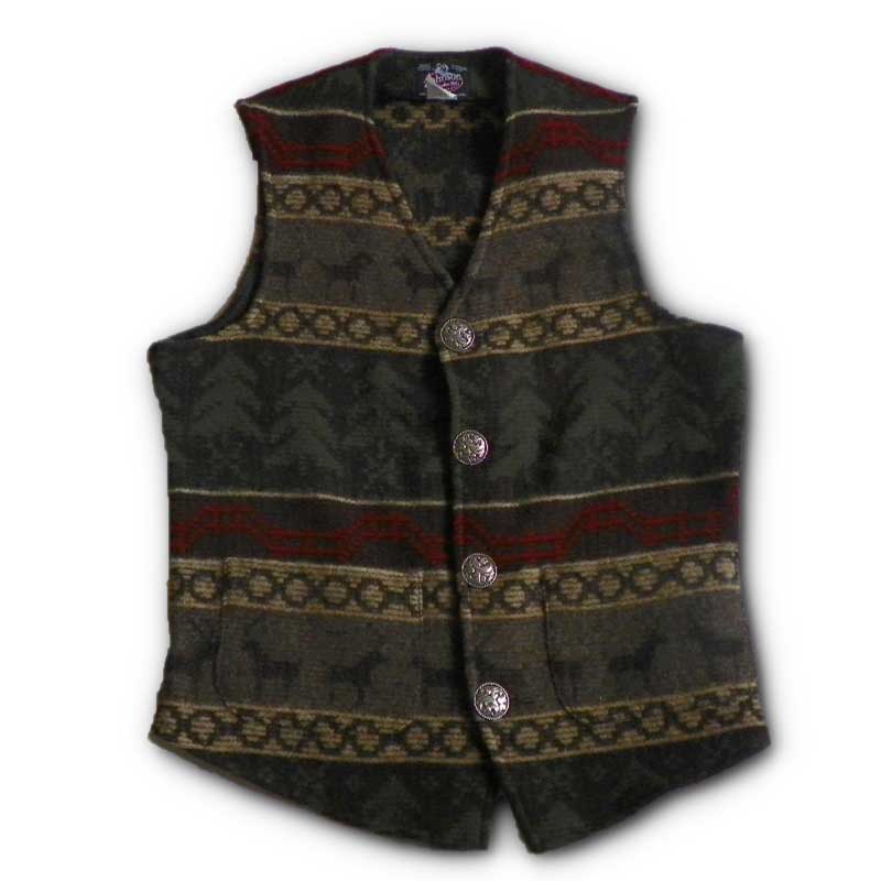 Vest with four brushed nickel buffalo buttons, Wilderness Print, olive/beige/tan, two lower pockets, buttoned front view