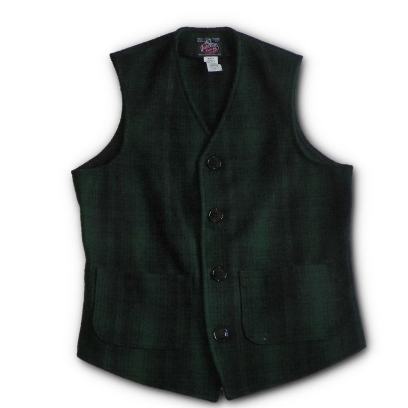Vest Traditional Four Button, Green & Black Muted Plaid, with two front pockets, front view
