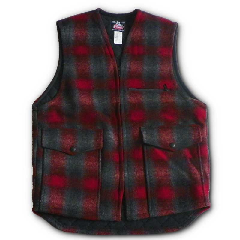 Vest with tricot lining, red/black/gray muted plaid, zipper front, two large pockets and chest pocket, front view