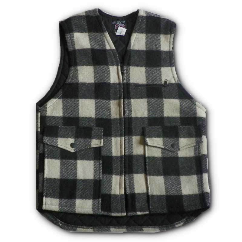Vest with tricot lining, black & white 2 inch buffalo squares, zipper front, two large pockets and chest pocket, front view