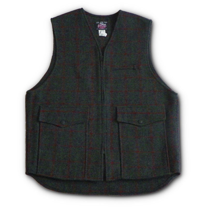 Vest unlined, Adirondack, grey with red & green pin stripes, zipper front, two large front pockets, adjustable back, front view