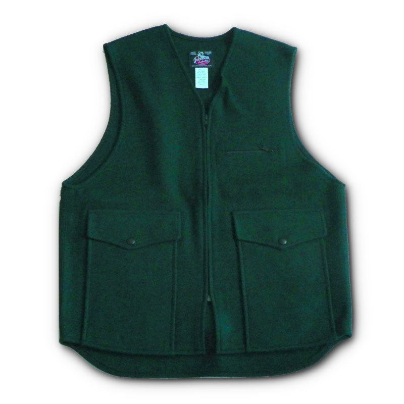 JWM Unlined Wool Vest, Spruce Green, 2 large front pockets, 1 small zip pocket