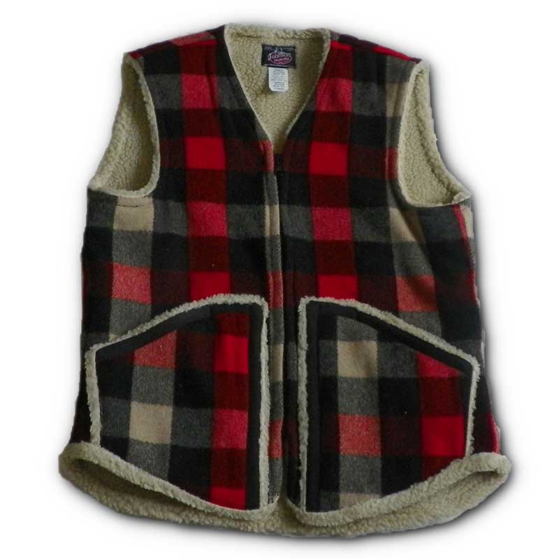 Vest with sherpa lining, red/ivory/black 2 inch buffalo squares, zipper front with two pockets, zipped front view