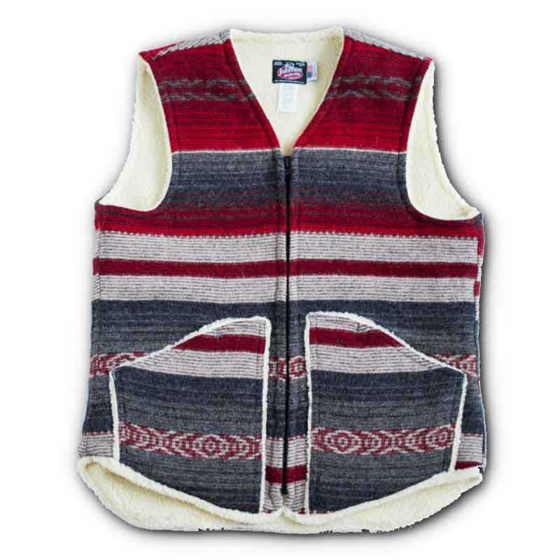 Vest with sherpa lining, Sterling Mountain, red/gray Indian print, zipper front with two pockets, zipped front view
