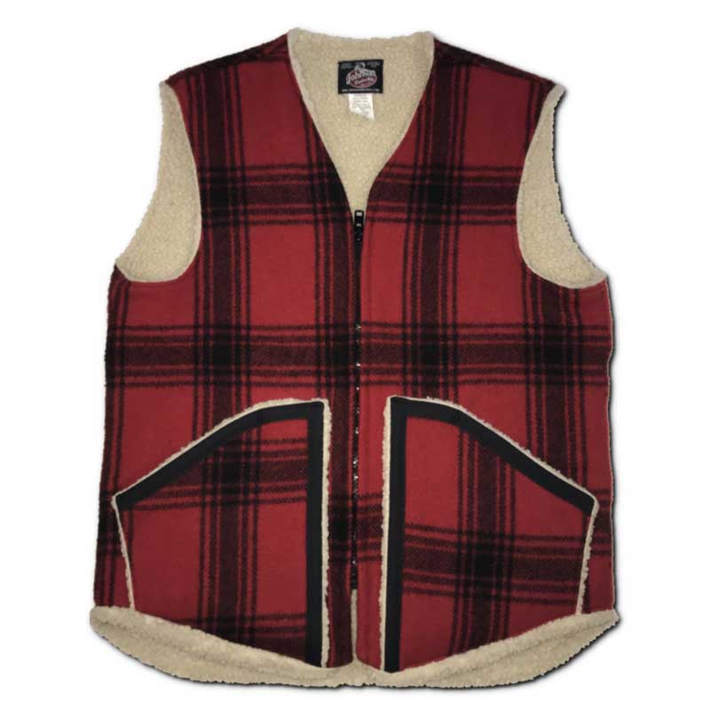 Vest with sherpa lining, Bright red & black muted plaid, zipper front with two pockets, zipped front view