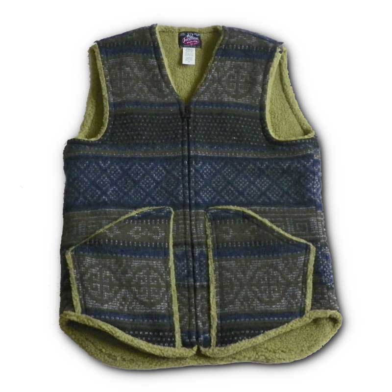 Vest with sherpa lining, Denim blue/olive/black print, zipper front with two pockets, zipped front view