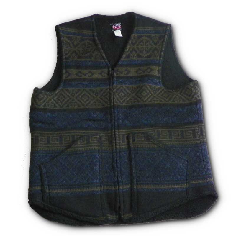 Vest with sherpa lining, blue/olive/black Aztec print, zipper front with two pockets, zipped front view