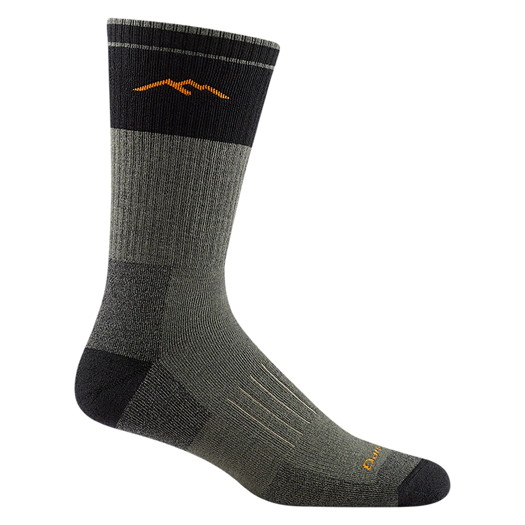 Darn Tough Hunter Boot Sock, gray with black heel & toe and orange mountain range design on top, side view