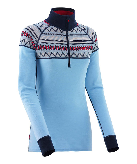 Karai Traa light blue merino wool quarter zip base layer with long sleeves.  Blue, red and white pattern at top and black cuffs.